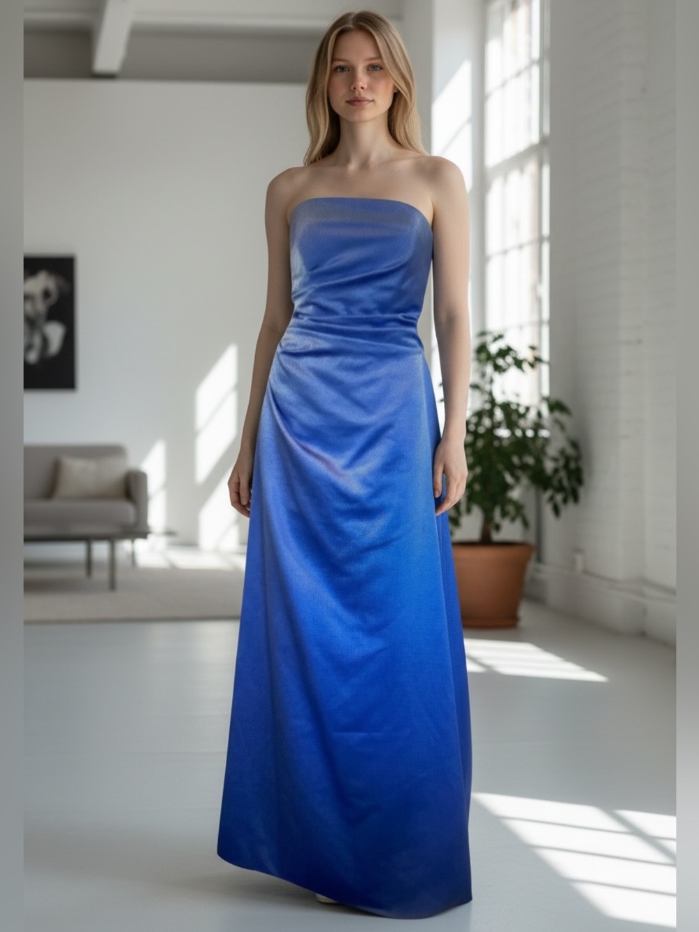 Impressions Sleeveless Light Blue Pleated Satin Formal Gown
